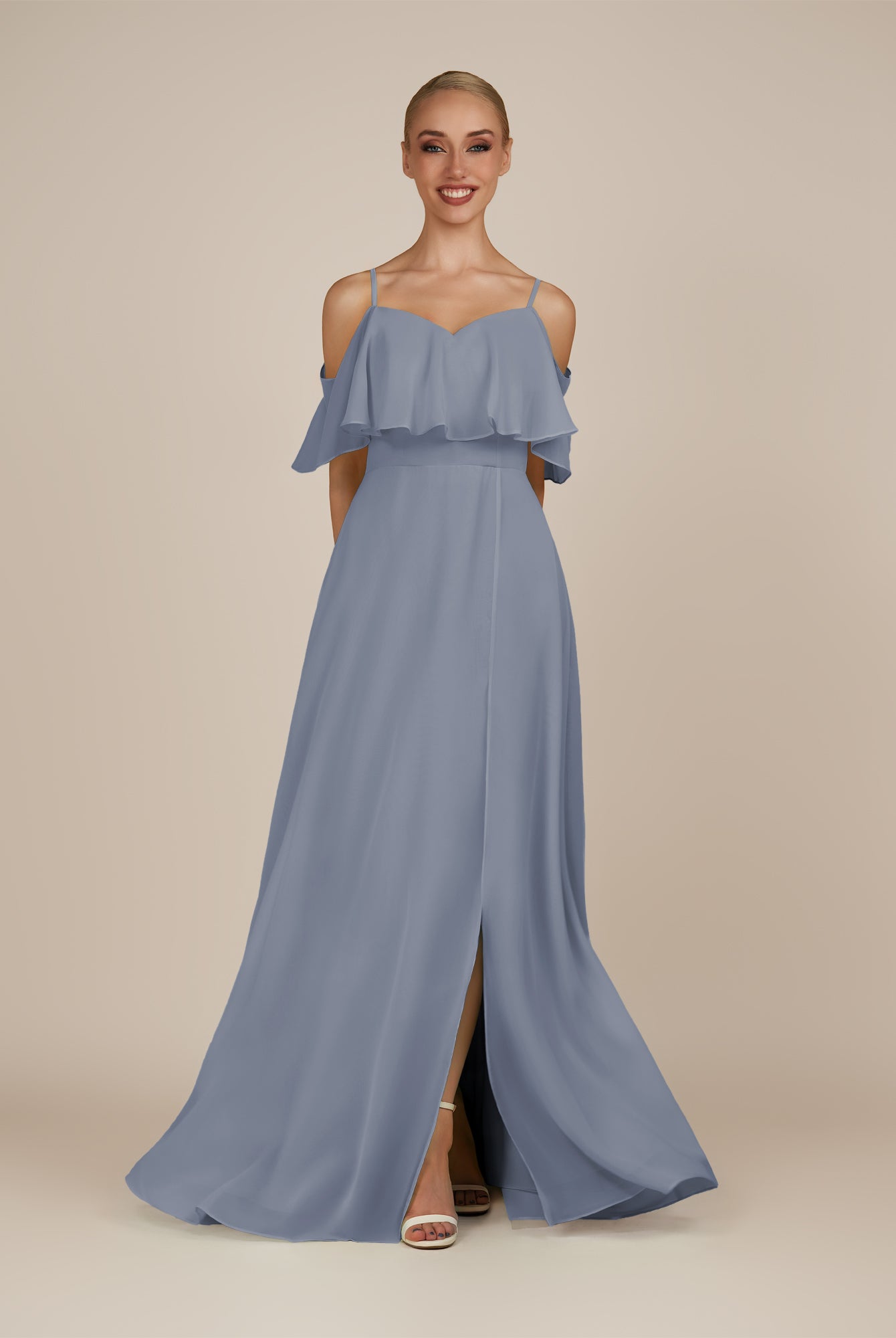 KissDress-Eira Bermuda A Line Chiffon Off the Shoulder Ruffled Overlay Long Bridesmaid Dress with Slit