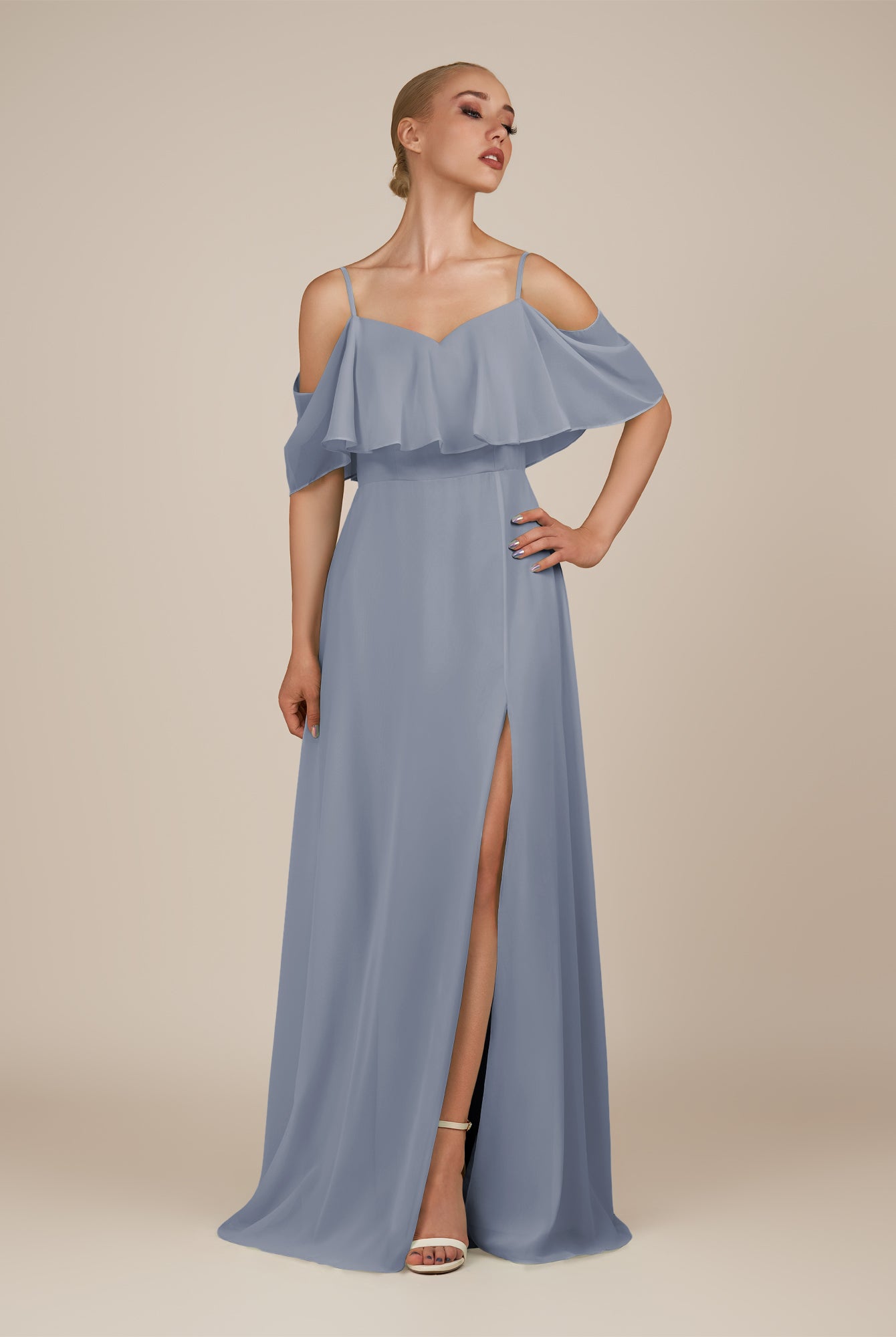 KissDress-Eira Bermuda A Line Chiffon Off the Shoulder Ruffled Overlay Long Bridesmaid Dress with Slit