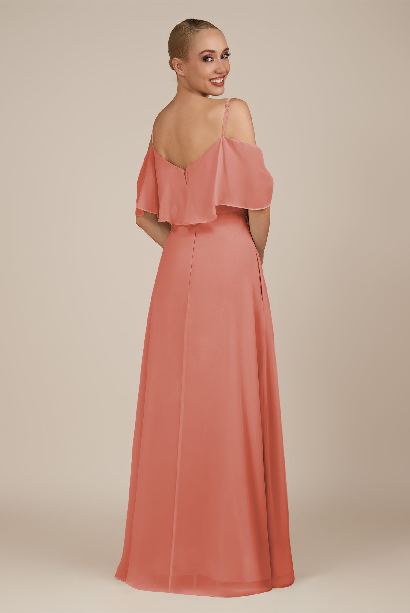 KissDress-Eira Wild Rose A Line Chiffon Off the Shoulder Ruffled Overlay Long Bridesmaid Dress with Slit