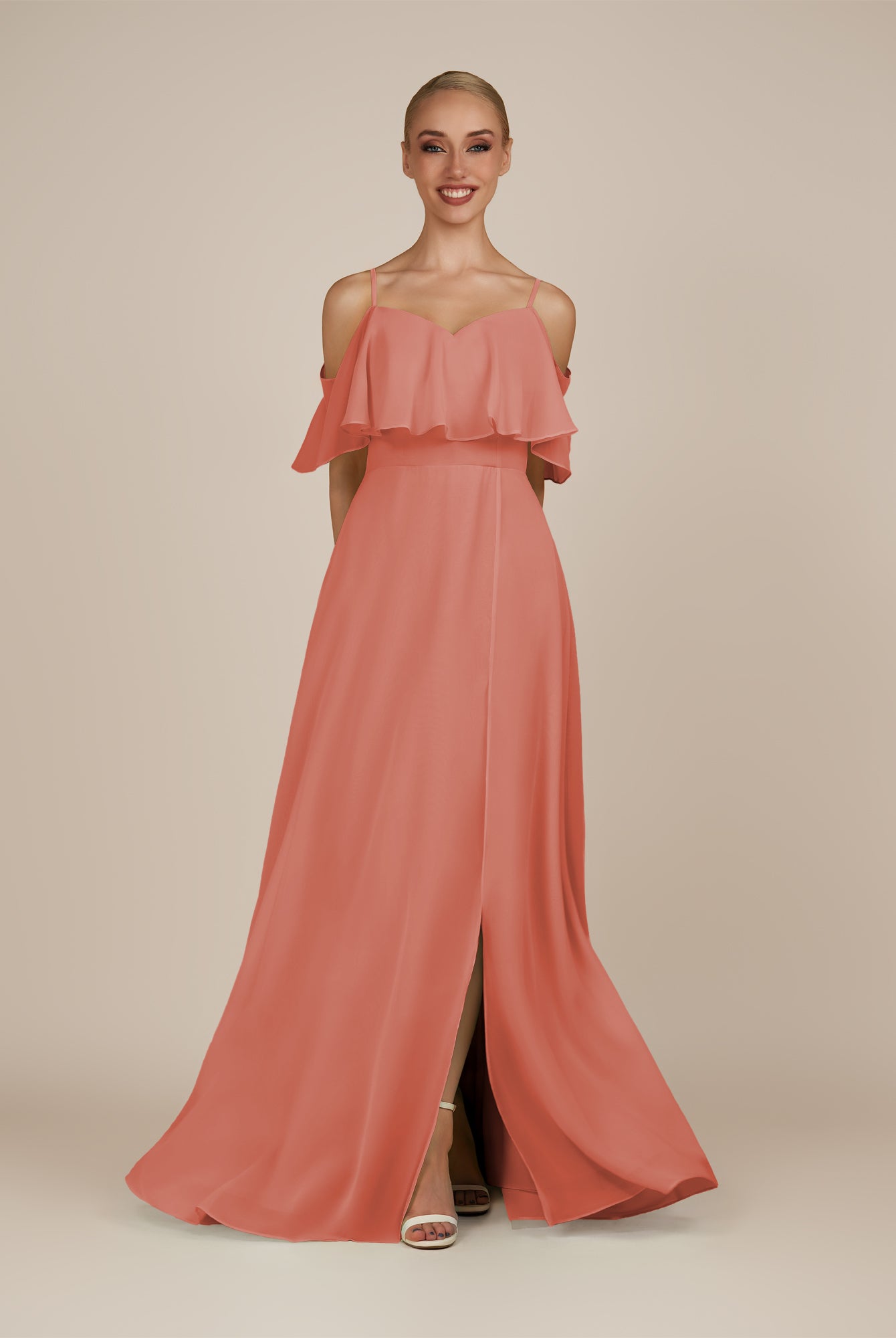 KissDress-Eira Wild Rose A Line Chiffon Off the Shoulder Ruffled Overlay Long Bridesmaid Dress with Slit