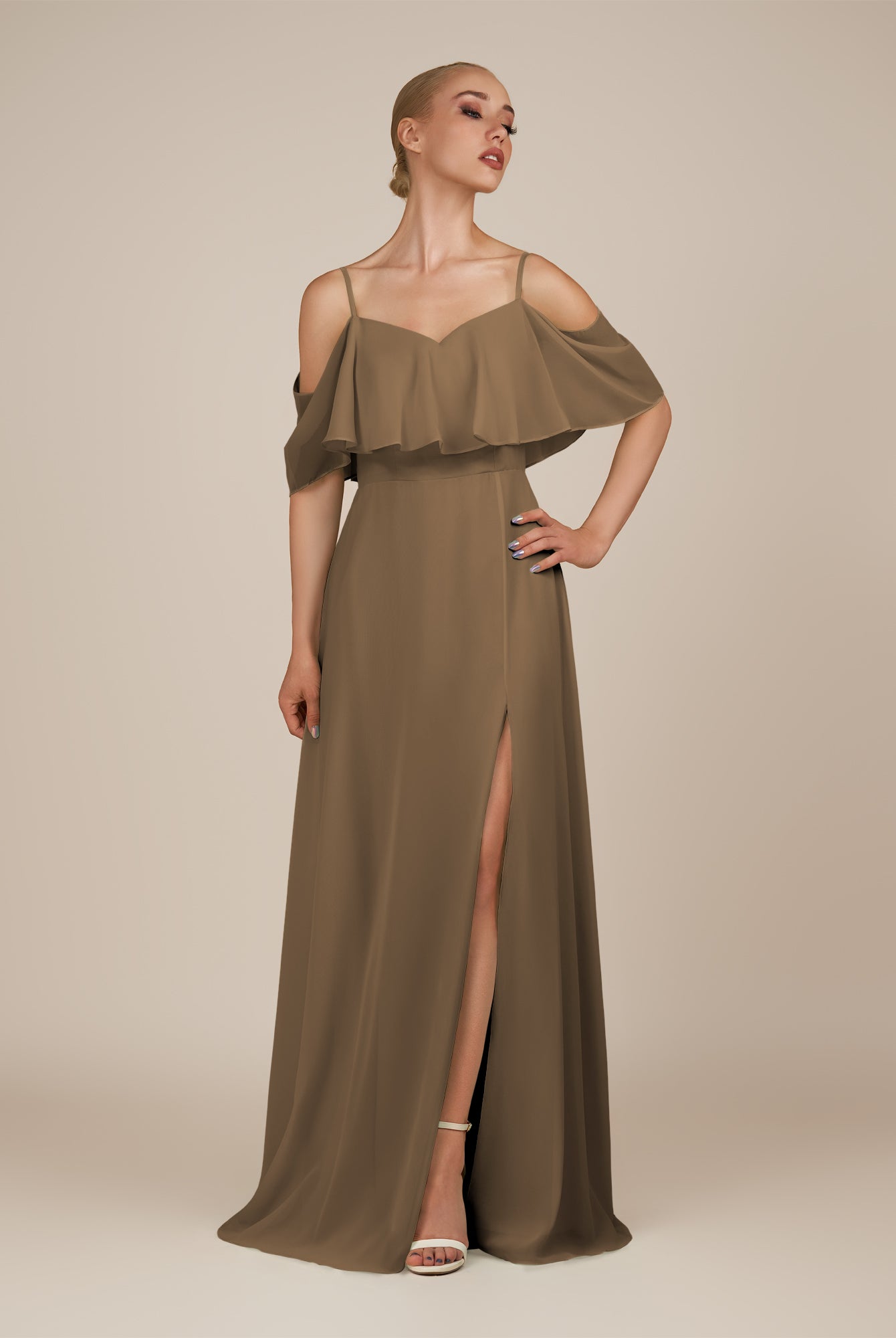 KissDress-Eira Willow Green A Line Chiffon Off the Shoulder Ruffled Overlay Long Bridesmaid Dress with Slit