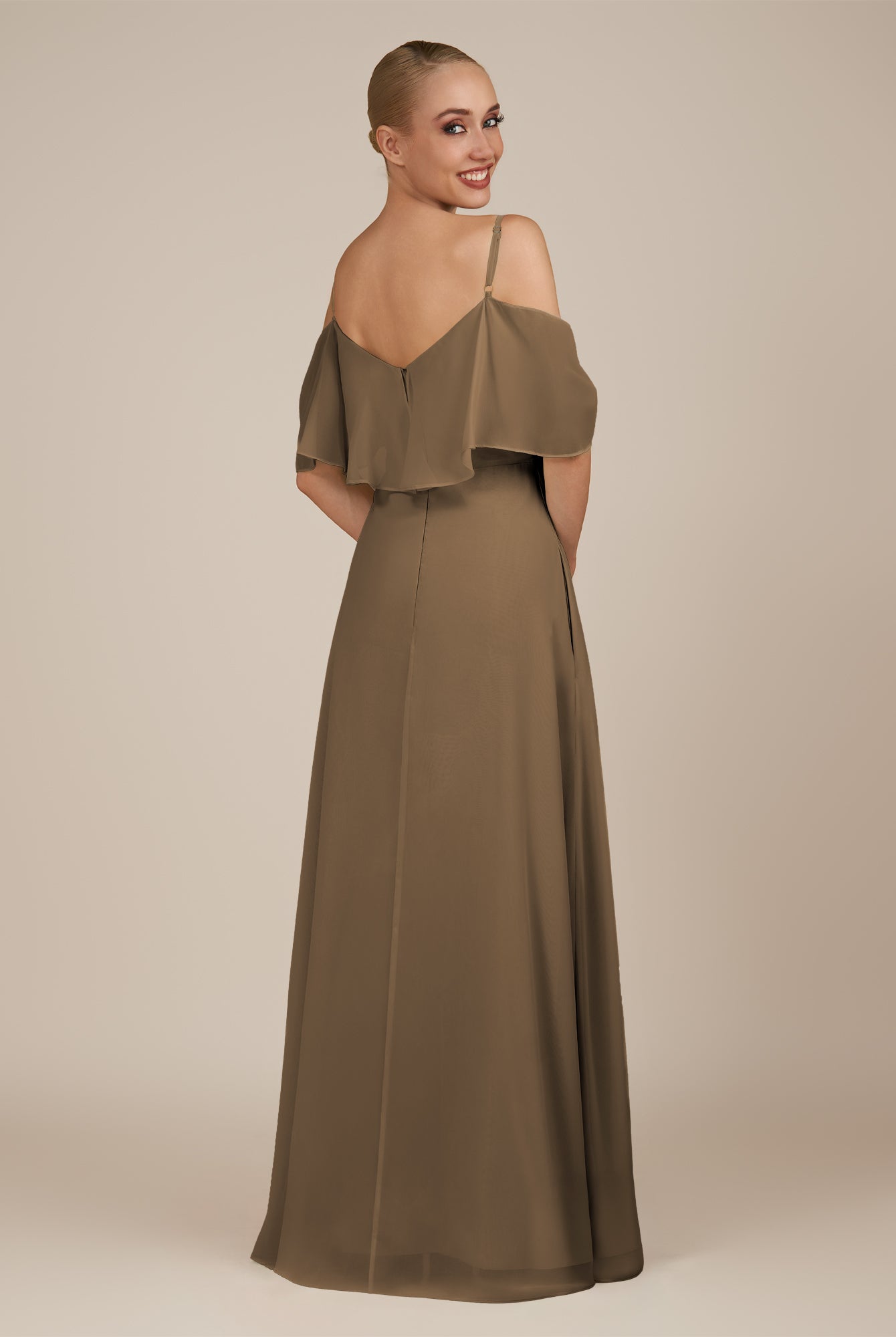 KissDress-Eira Willow Green A Line Chiffon Off the Shoulder Ruffled Overlay Long Bridesmaid Dress with Slit