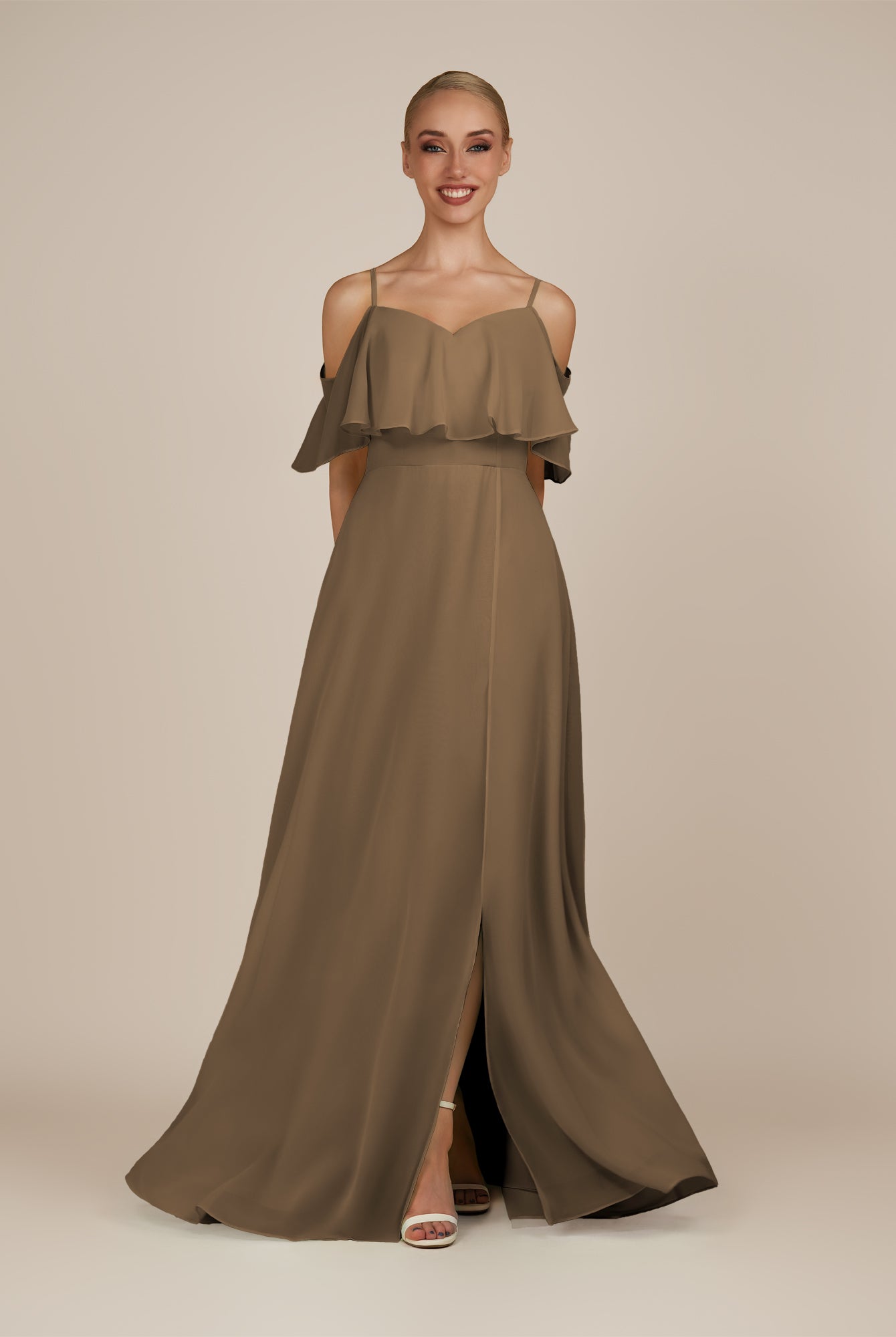 KissDress-Eira Willow Green A Line Chiffon Off the Shoulder Ruffled Overlay Long Bridesmaid Dress with Slit