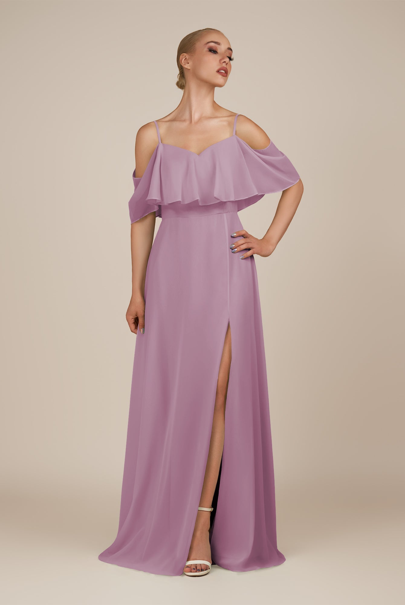KissDress-Eira Wisteria A Line Chiffon Off the Shoulder Ruffled Overlay Long Bridesmaid Dress with Slit