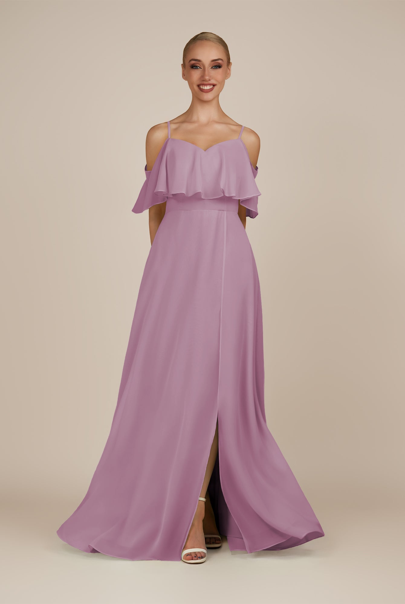 KissDress-Eira Wisteria A Line Chiffon Off the Shoulder Ruffled Overlay Long Bridesmaid Dress with Slit