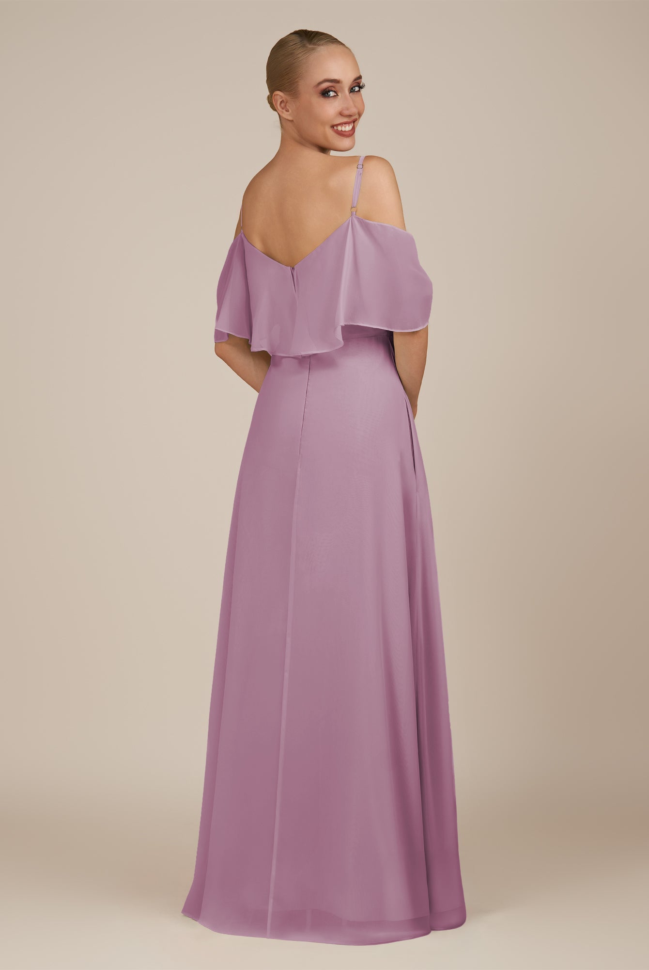KissDress-Eira Wisteria A Line Chiffon Off the Shoulder Ruffled Overlay Long Bridesmaid Dress with Slit