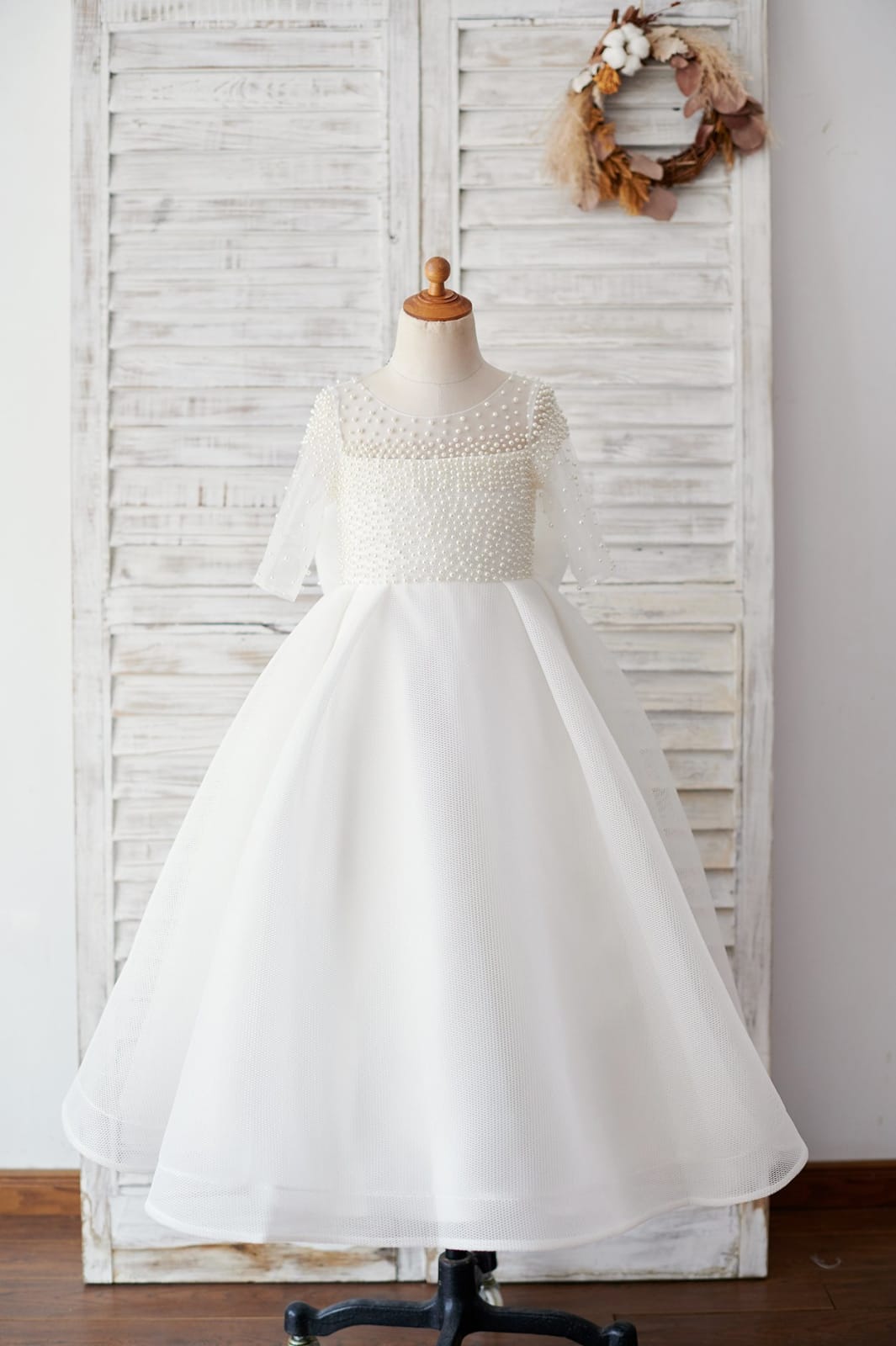 Elbow Sleeves Beaded Tulle Flower Girl Dress