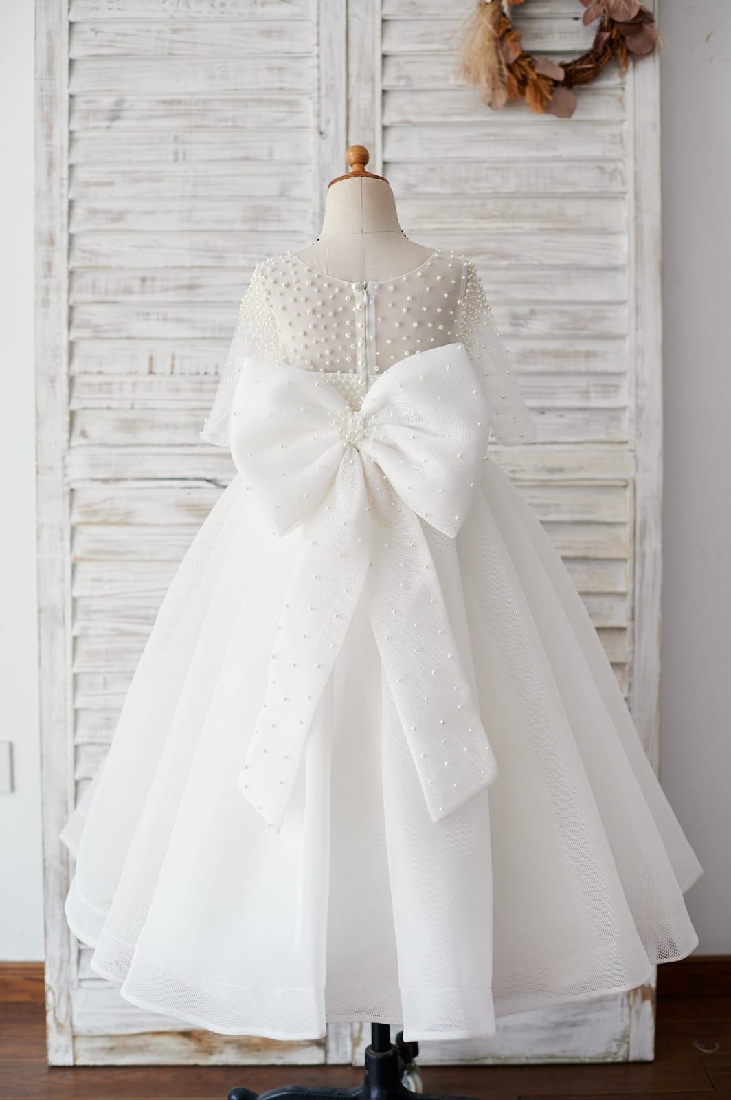 Elbow Sleeves Beaded Tulle Flower Girl Dress