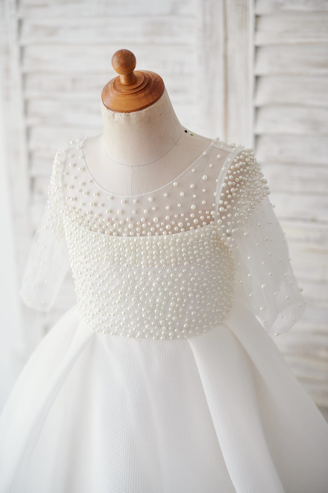 Elbow Sleeves Beaded Tulle Flower Girl Dress