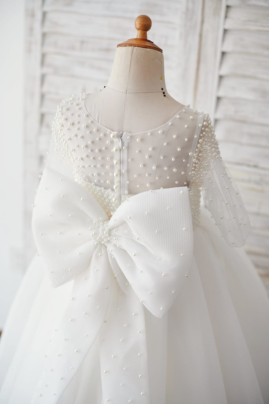 Elbow Sleeves Beaded Tulle Flower Girl Dress