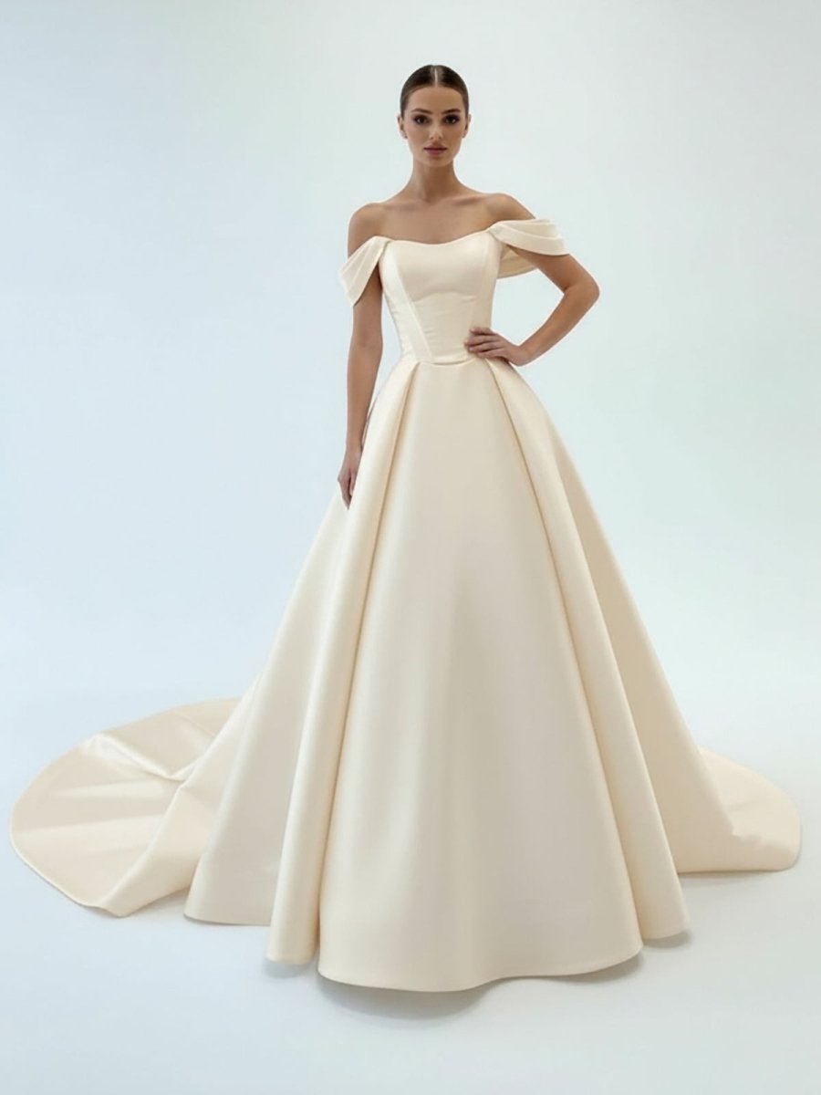 KissDress-Elly Elegant A-Line Off the Shoulder White Satin Wedding Dresses