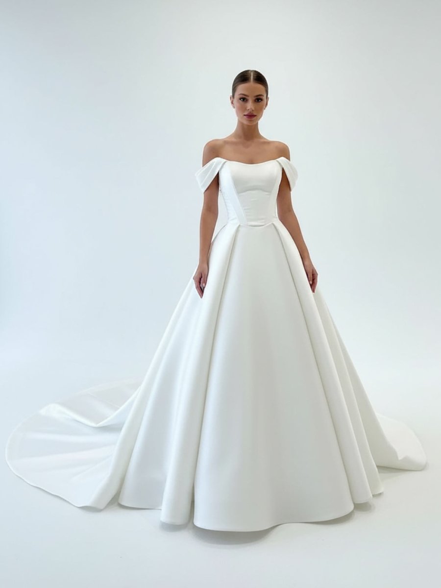 KissDress-Elly Elegant A-Line Off the Shoulder White Satin Wedding Dresses