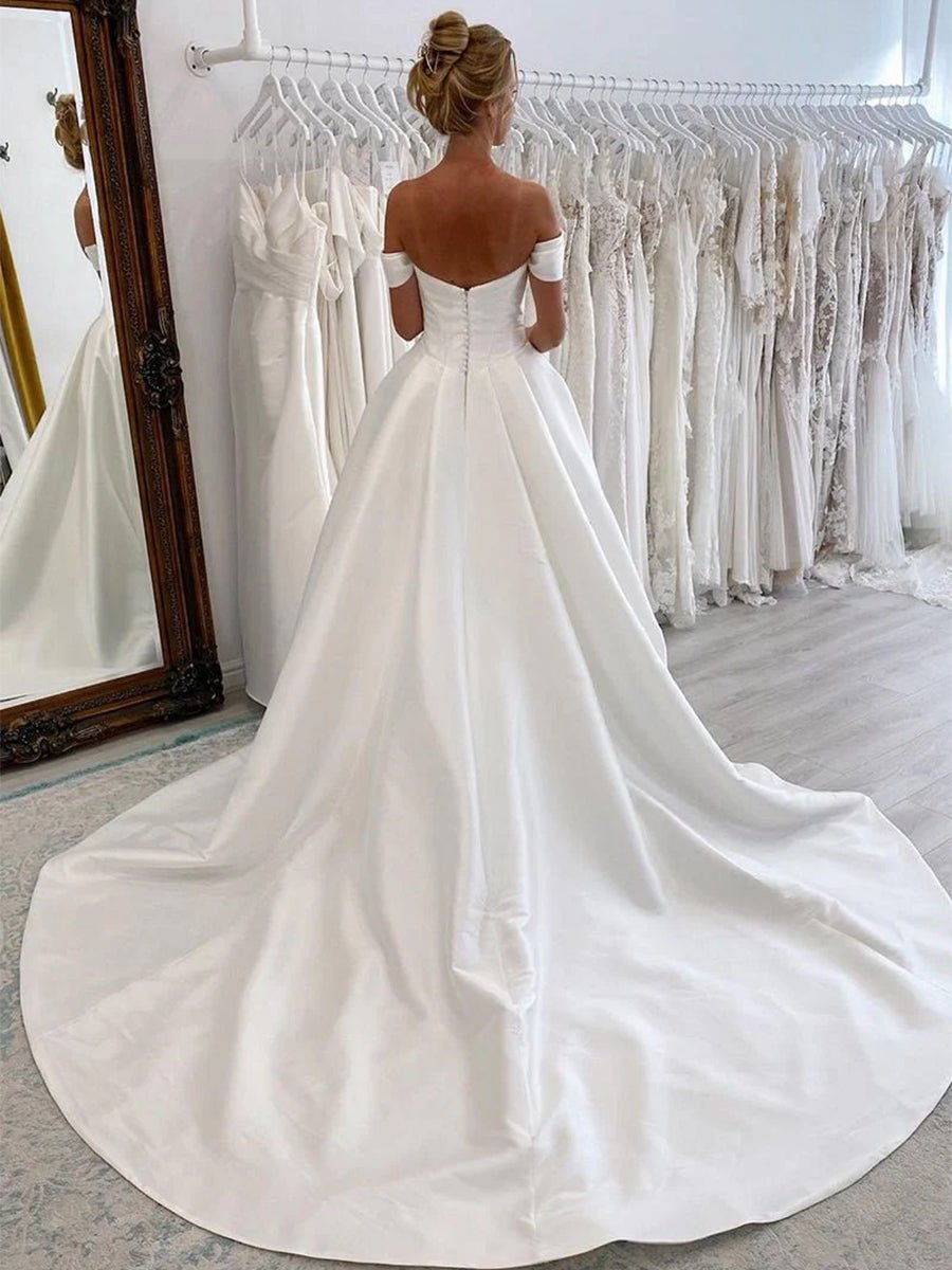 KissDress-Elly Elegant A-Line Off the Shoulder White Satin Wedding Dresses