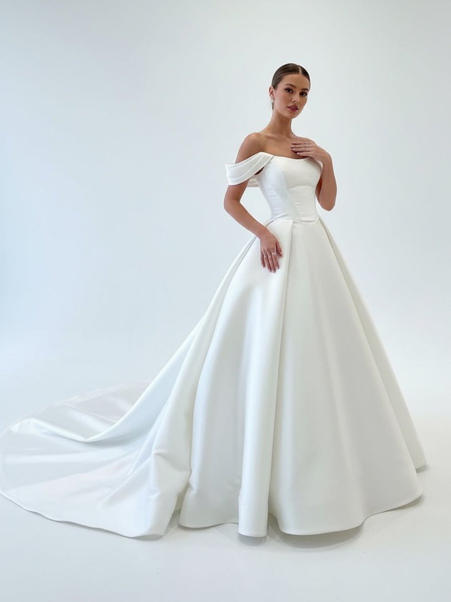 KissDress-Elly Elegant A-Line Off the Shoulder White Satin Wedding Dresses