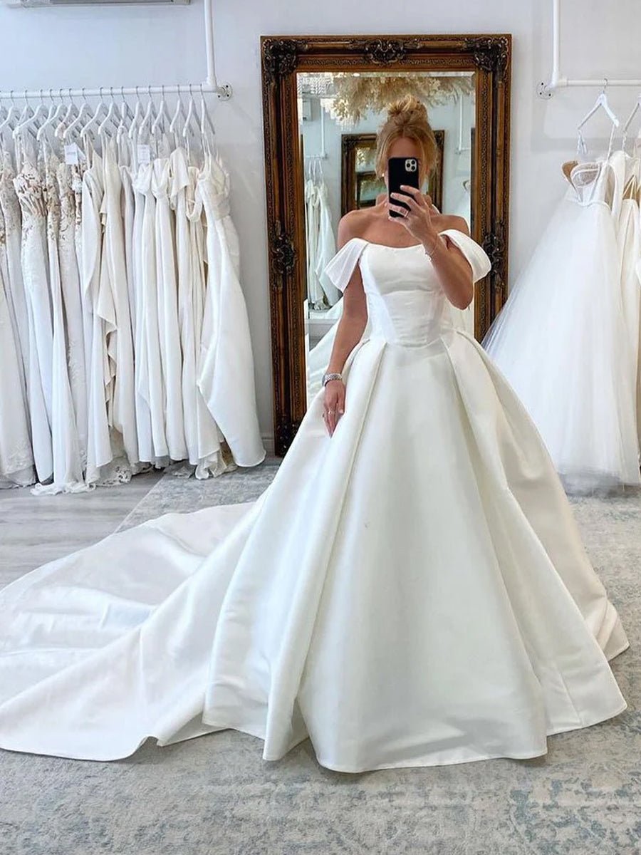 KissDress-Elly Elegant A-Line Off the Shoulder White Satin Wedding Dresses