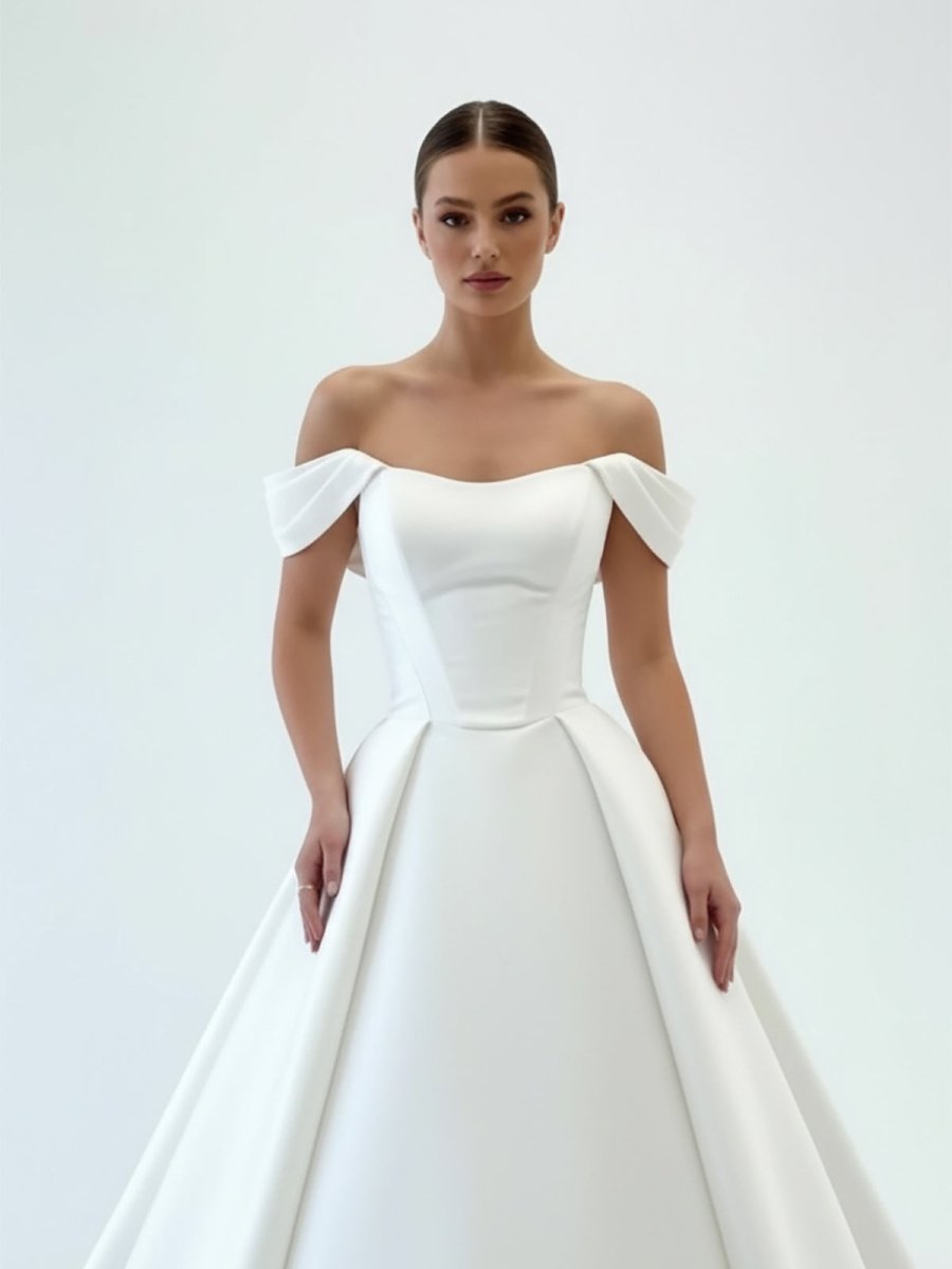 KissDress-Elly Elegant A-Line Off the Shoulder White Satin Wedding Dresses