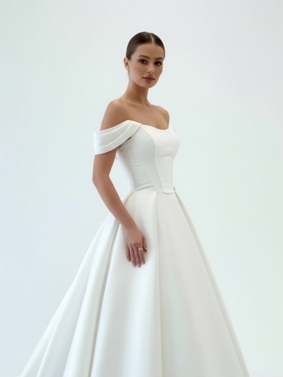 KissDress-Elly Elegant A-Line Off the Shoulder White Satin Wedding Dresses