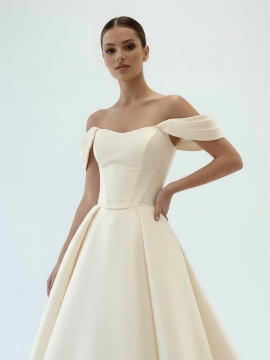 KissDress-Elly Elegant A-Line Off the Shoulder White Satin Wedding Dresses