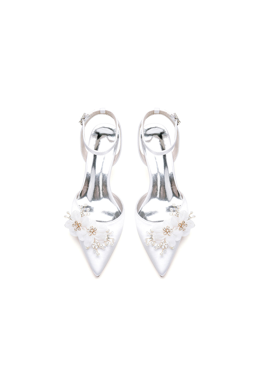 Elegant Ankle Strap Pointed Toe High Heels with Rhinestone Flower