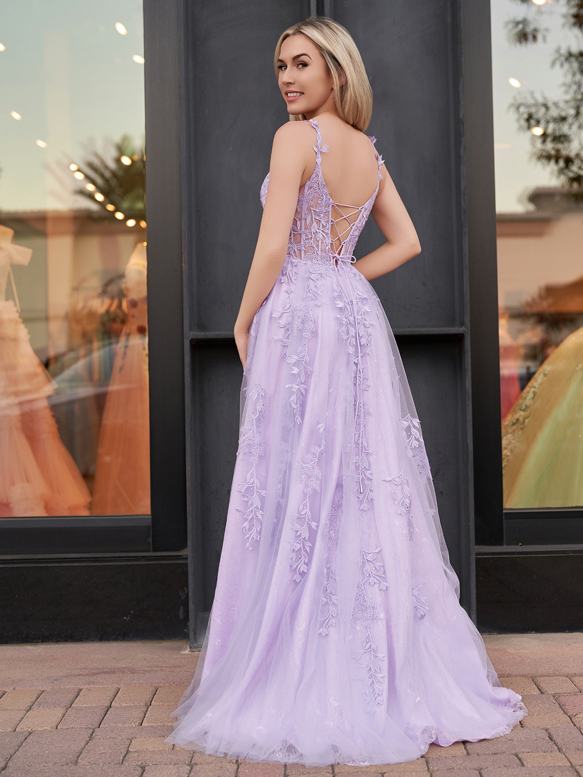 Navy Blue A-line Sweetheart Lace Tulle Prom Dress With Slit
