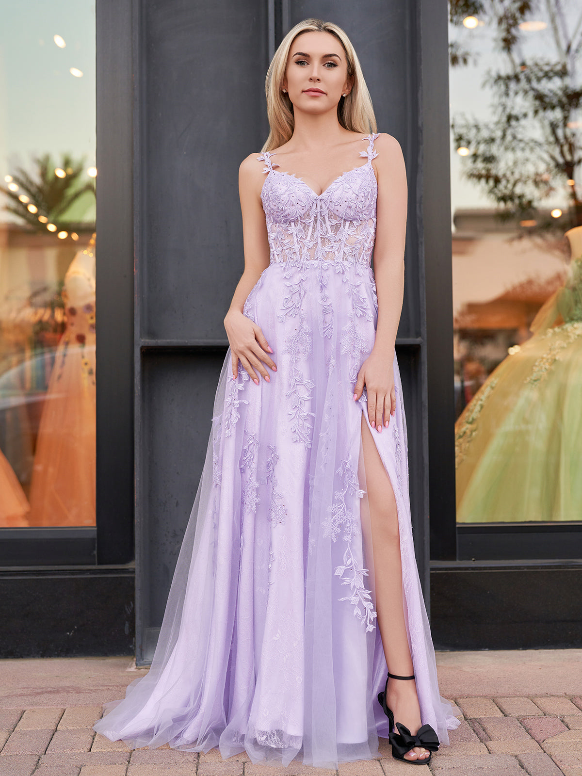 Navy Blue A-line Sweetheart Lace Tulle Prom Dress With Slit