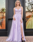 Navy Blue A-line Sweetheart Lace Tulle Prom Dress With Slit