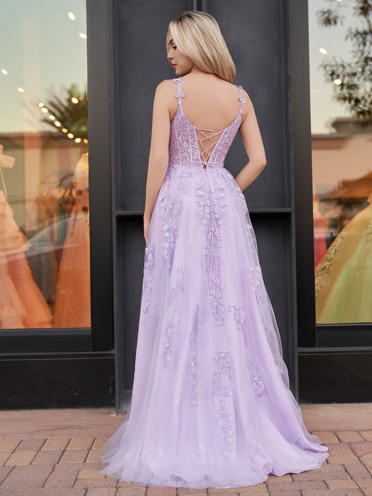 Navy Blue A-line Sweetheart Lace Tulle Prom Dress With Slit