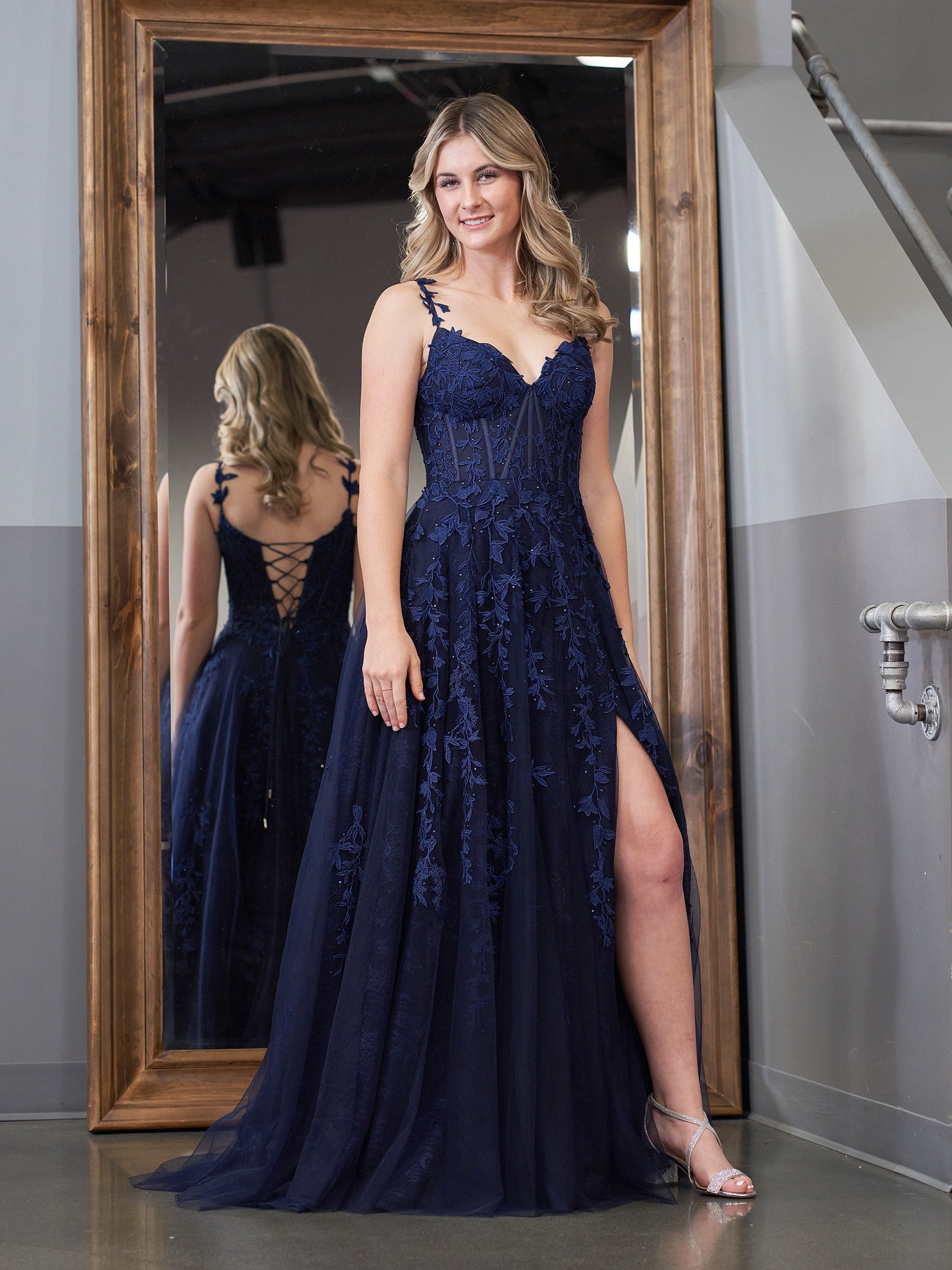 Navy Blue A-line Sweetheart Lace Tulle Prom Dress With Slit