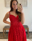 Navy Blue A-line Sweetheart Lace Tulle Prom Dress With Slit