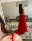 Navy Blue A-line Sweetheart Lace Tulle Prom Dress With Slit