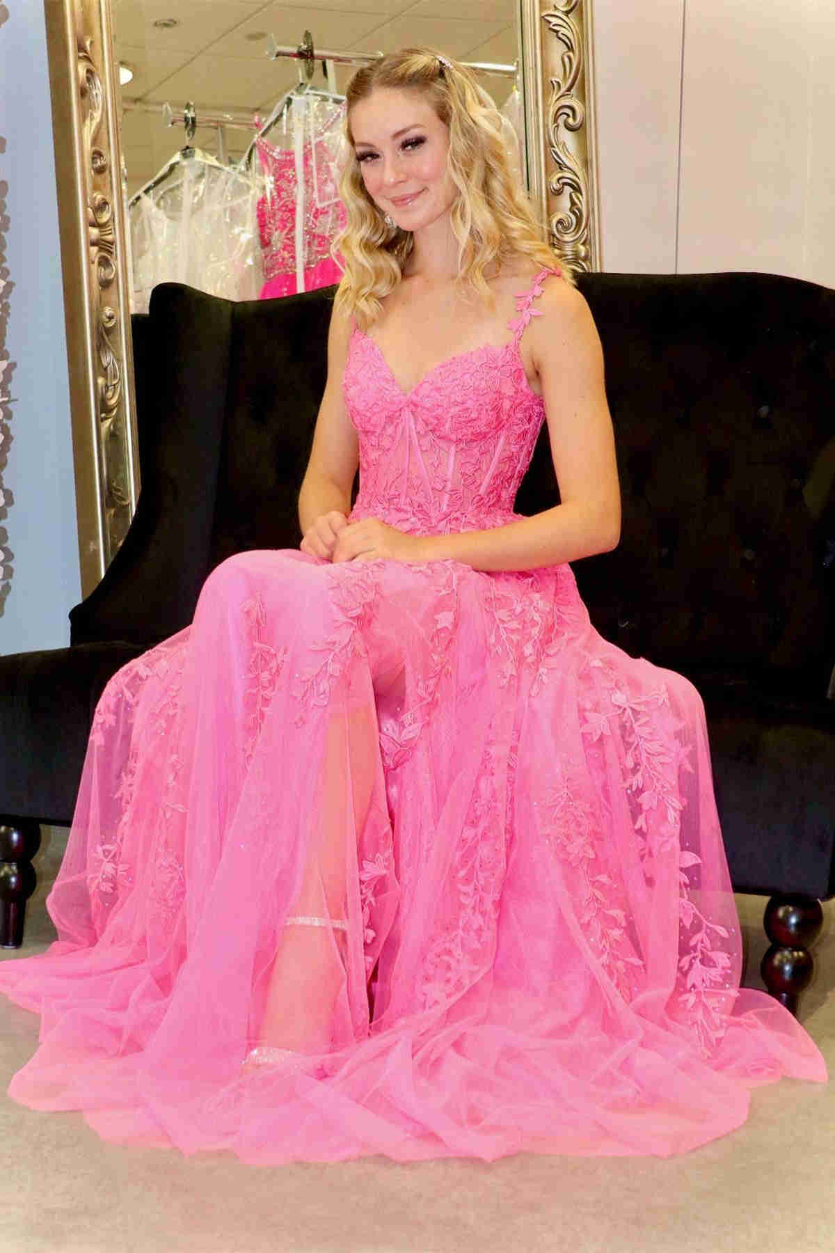 Navy Blue A-line Sweetheart Lace Tulle Prom Dress With Slit