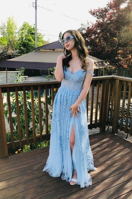 Navy Blue A-line Sweetheart Lace Tulle Prom Dress With Slit