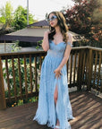 Navy Blue A-line Sweetheart Lace Tulle Prom Dress With Slit