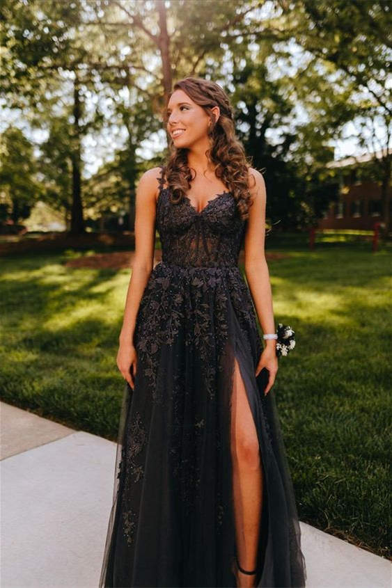 Navy Blue A-line Sweetheart Lace Tulle Prom Dress With Slit