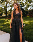 Navy Blue A-line Sweetheart Lace Tulle Prom Dress With Slit