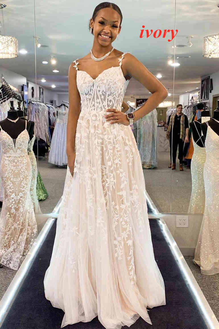 Navy Blue A-line Sweetheart Lace Tulle Prom Dress With Slit