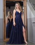 Navy Blue A-line Sweetheart Lace Tulle Prom Dress With Slit