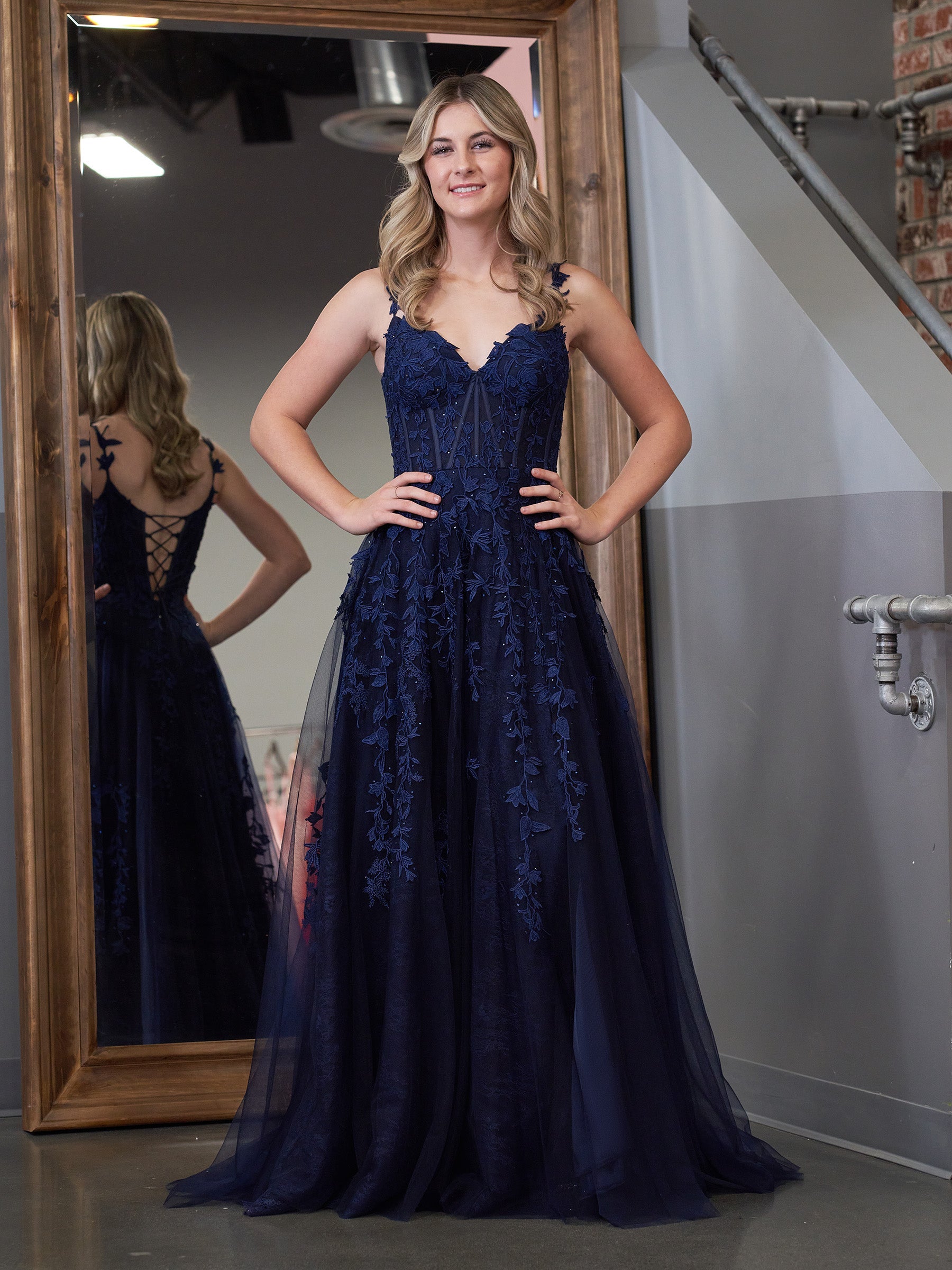 Navy Blue A-line Sweetheart Lace Tulle Prom Dress With Slit