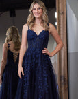 Navy Blue A-line Sweetheart Lace Tulle Prom Dress With Slit