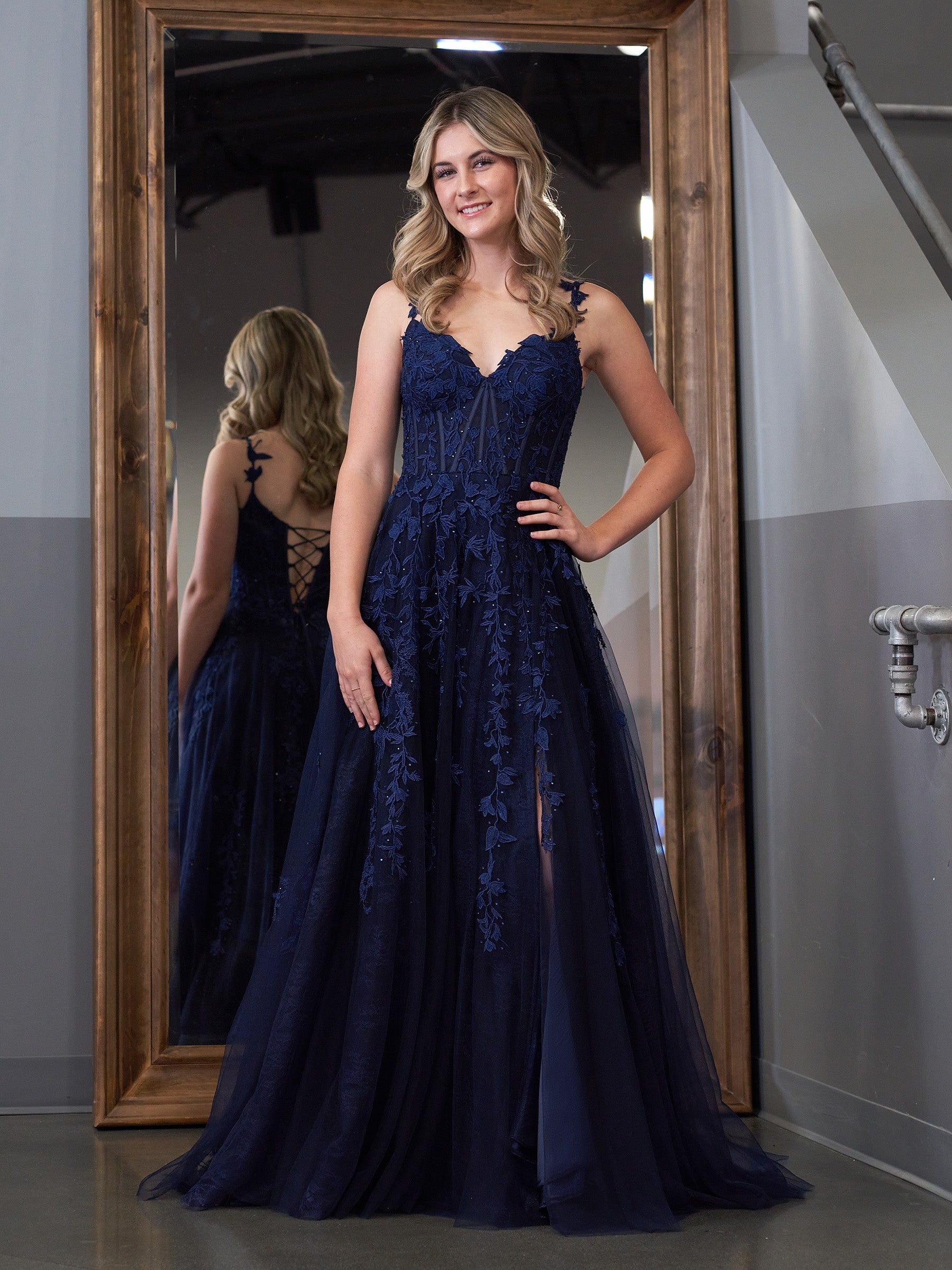 Navy Blue A-line Sweetheart Lace Tulle Prom Dress With Slit