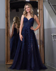 Navy Blue A-line Sweetheart Lace Tulle Prom Dress With Slit