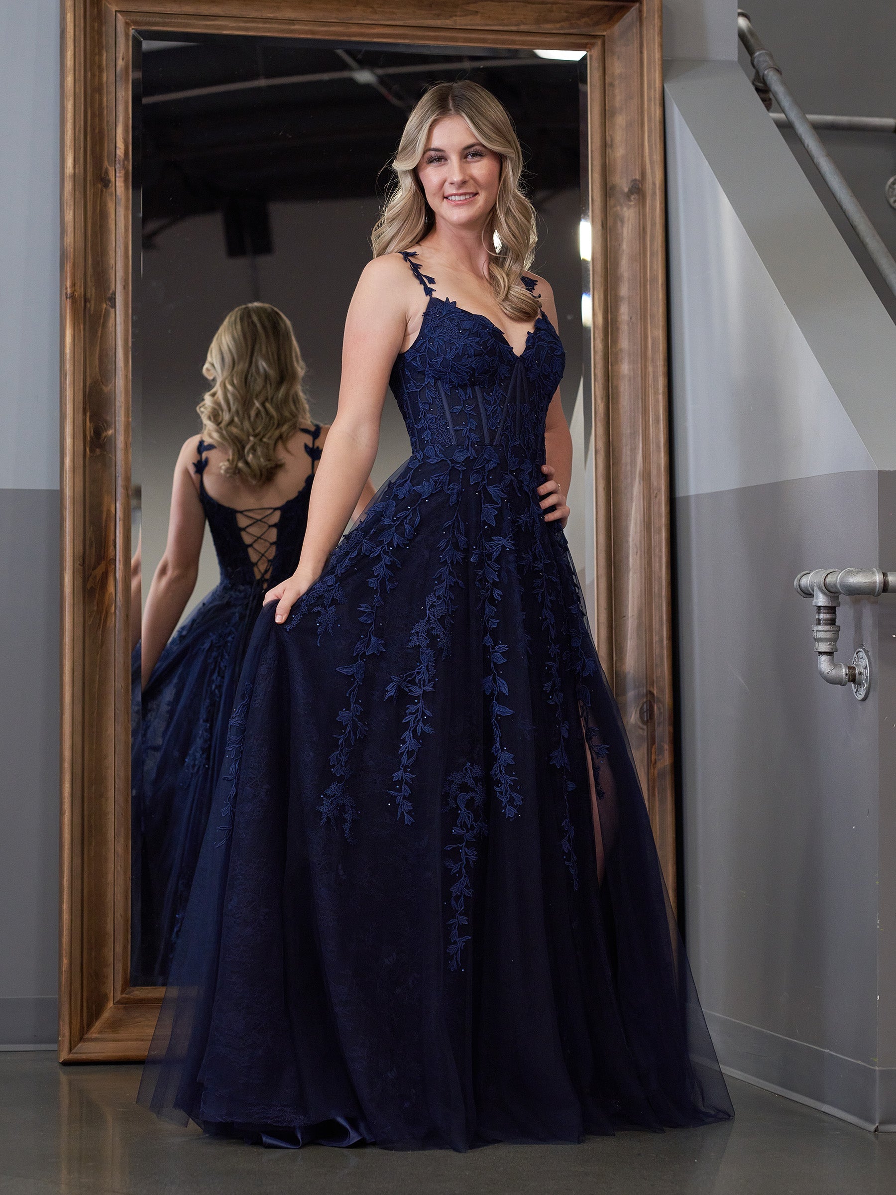 Navy Blue A-line Sweetheart Lace Tulle Prom Dress With Slit