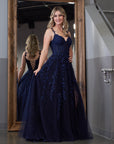 Navy Blue A-line Sweetheart Lace Tulle Prom Dress With Slit