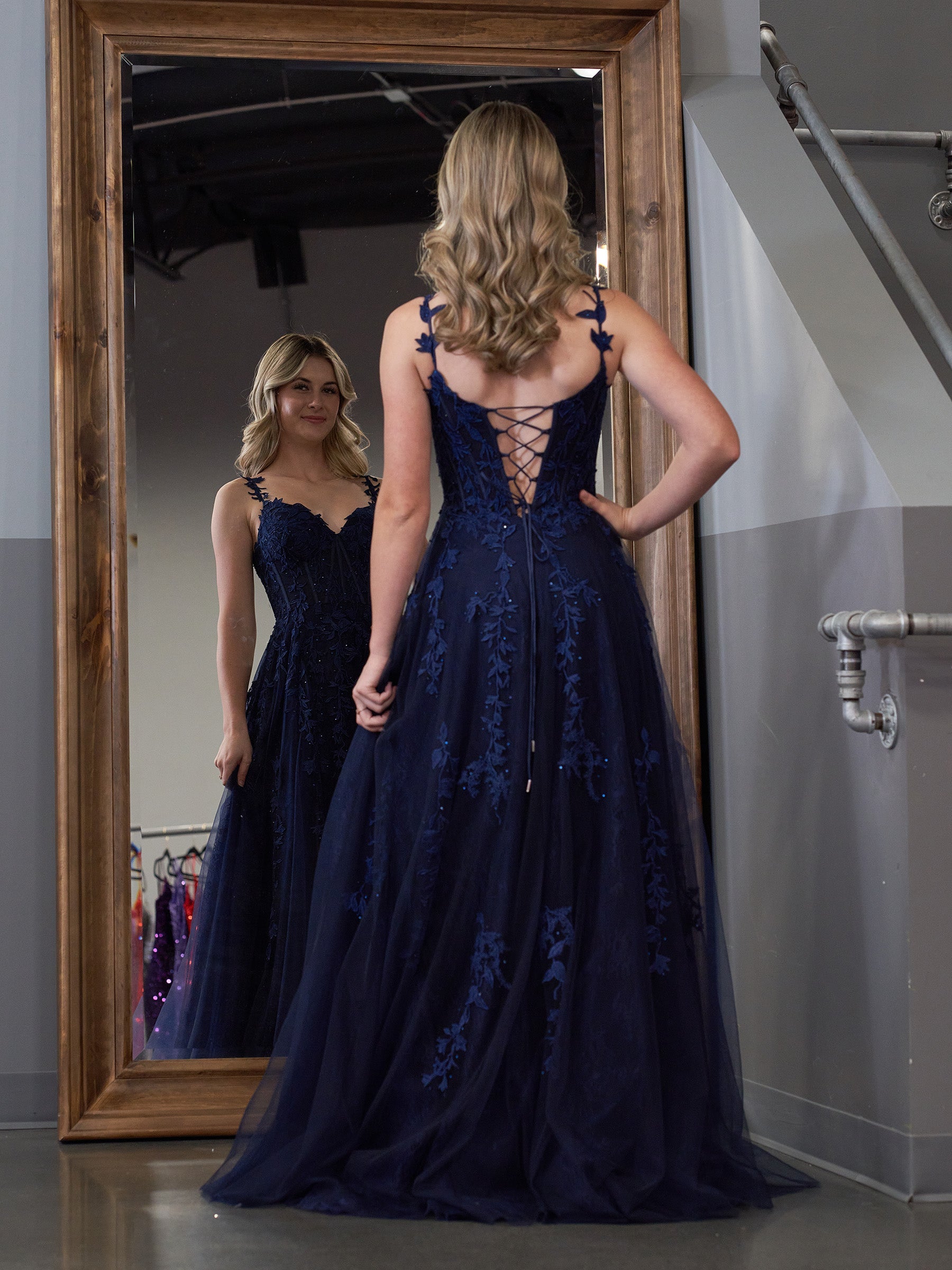 Navy Blue A-line Sweetheart Lace Tulle Prom Dress With Slit