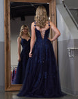 Navy Blue A-line Sweetheart Lace Tulle Prom Dress With Slit