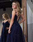 Navy Blue A-line Sweetheart Lace Tulle Prom Dress With Slit