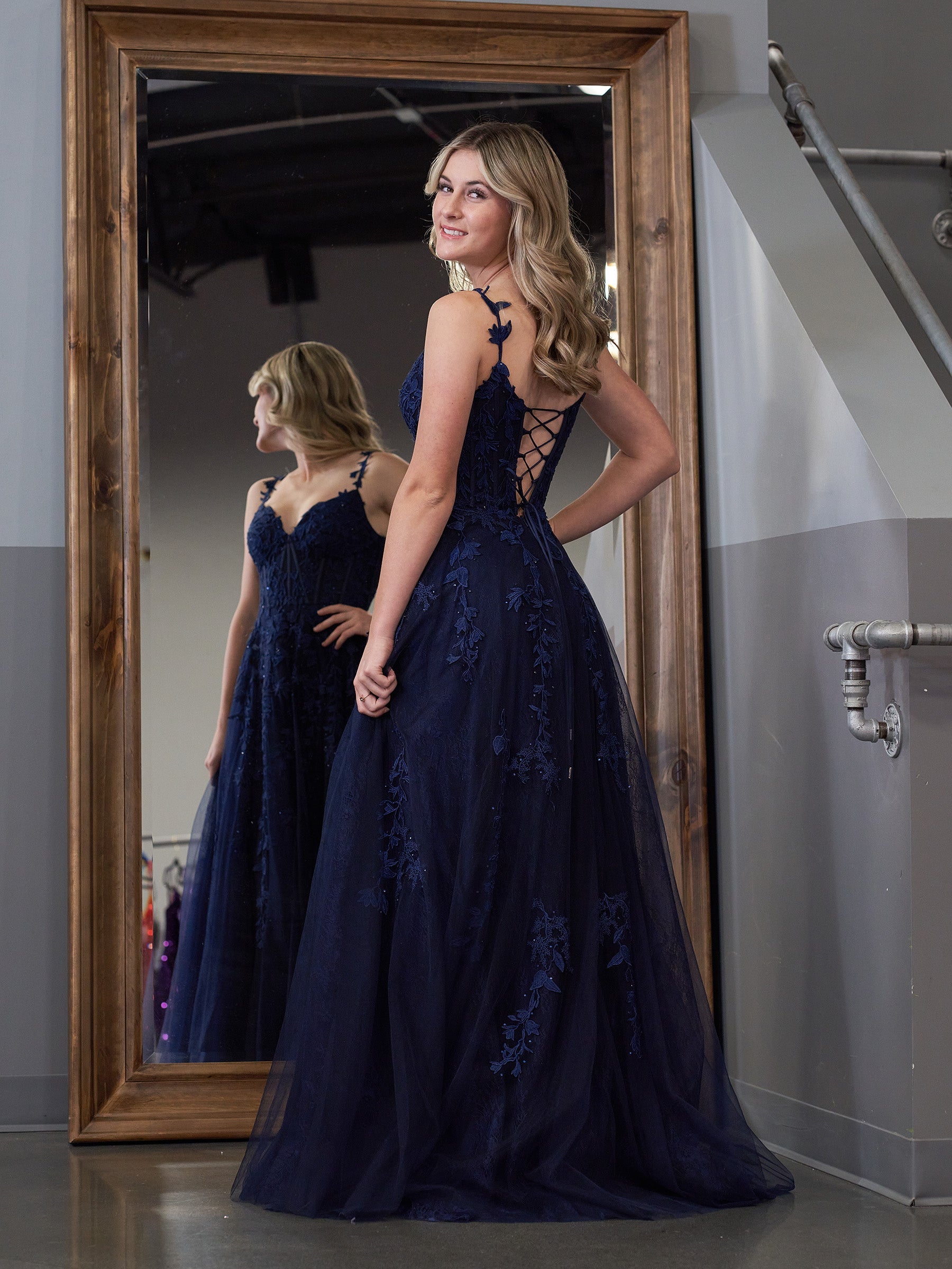 Navy Blue A-line Sweetheart Lace Tulle Prom Dress With Slit
