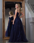 Navy Blue A-line Sweetheart Lace Tulle Prom Dress With Slit