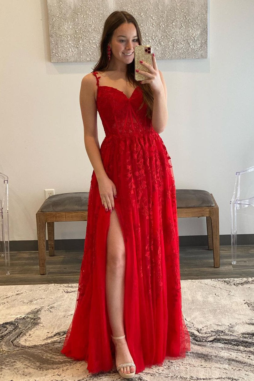 Navy Blue A-line Sweetheart Lace Tulle Prom Dress With Slit