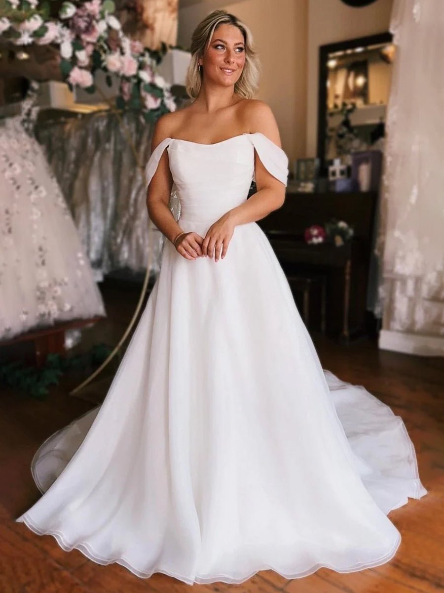 KissDress-Elegant White Off-the-Shoulder Long Wedding Dress with Slit